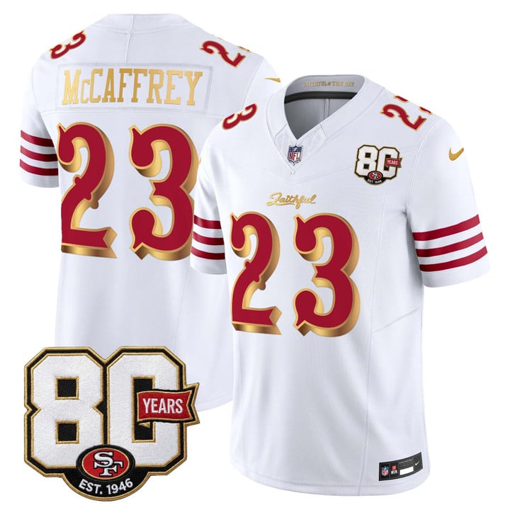San Francisco 49ers Christian McCaffrey 80th Anniversary Patch Rivalries Edition Vapor Limited Jersey - All Stitched - White Gold