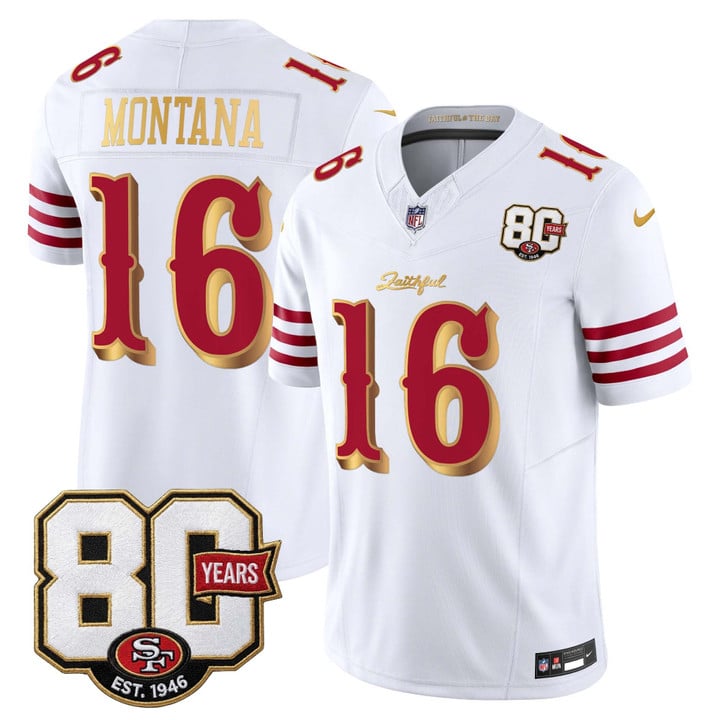 San Francisco 49ers Joe Montana 80th Anniversary Patch Rivalries Edition Vapor Limited Jersey - All Stitched - White Gold