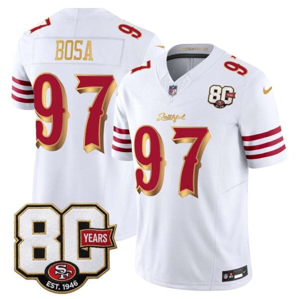 San Francisco 49ers Nick Bosa 80th Anniversary Patch Rivalries Edition Vapor Limited Jersey - All Stitched - White Gold