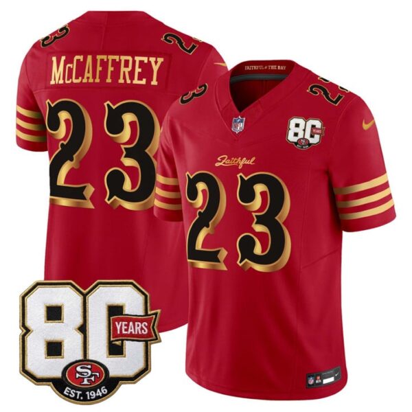 San Francisco 49ers Christian McCaffrey 80th Anniversary Patch Rivalries Edition Vapor Limited Jersey - All Stitched - Red Gold