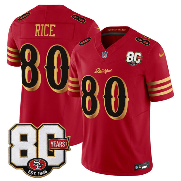 San Francisco 49ers Jerry Rice 80th Anniversary Patch Rivalries Edition Vapor Limited Jersey - All Stitched - Red Gold