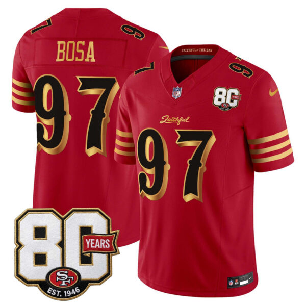 San Francisco 49ers Nick Bosa 80th Anniversary Patch Rivalries Edition Vapor Limited Jersey - All Stitched - Red Gold