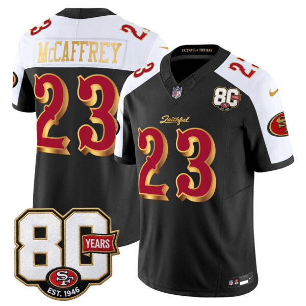 San Francisco 49ers Christian McCaffrey 80th Anniversary Patch Rivalries Edition Vapor Limited Jersey - All Stitched - Black Alternate