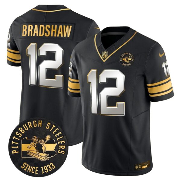 Pittsburgh Steelers Terry Bradshaw Throwback 1933 Patch Gold Vapor Limited Jersey - All Stitched - Black Limited