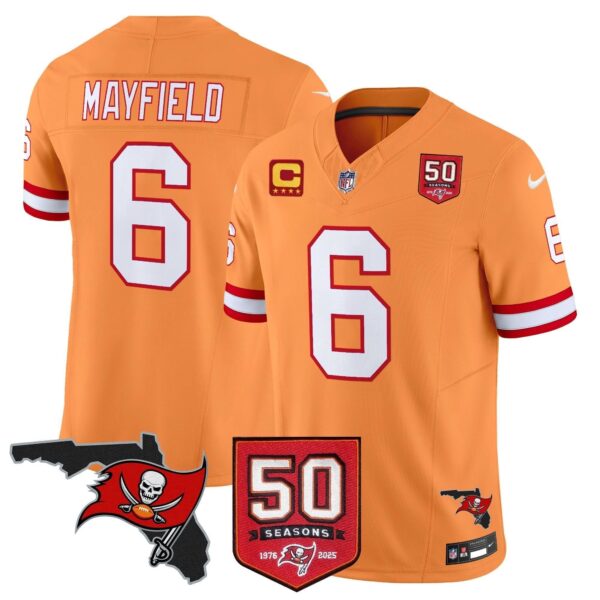 Tampa Bay Buccaneers Baker Mayfield 50th Season Patch Vapor Limited Jersey - All Stitched - Creamsicle