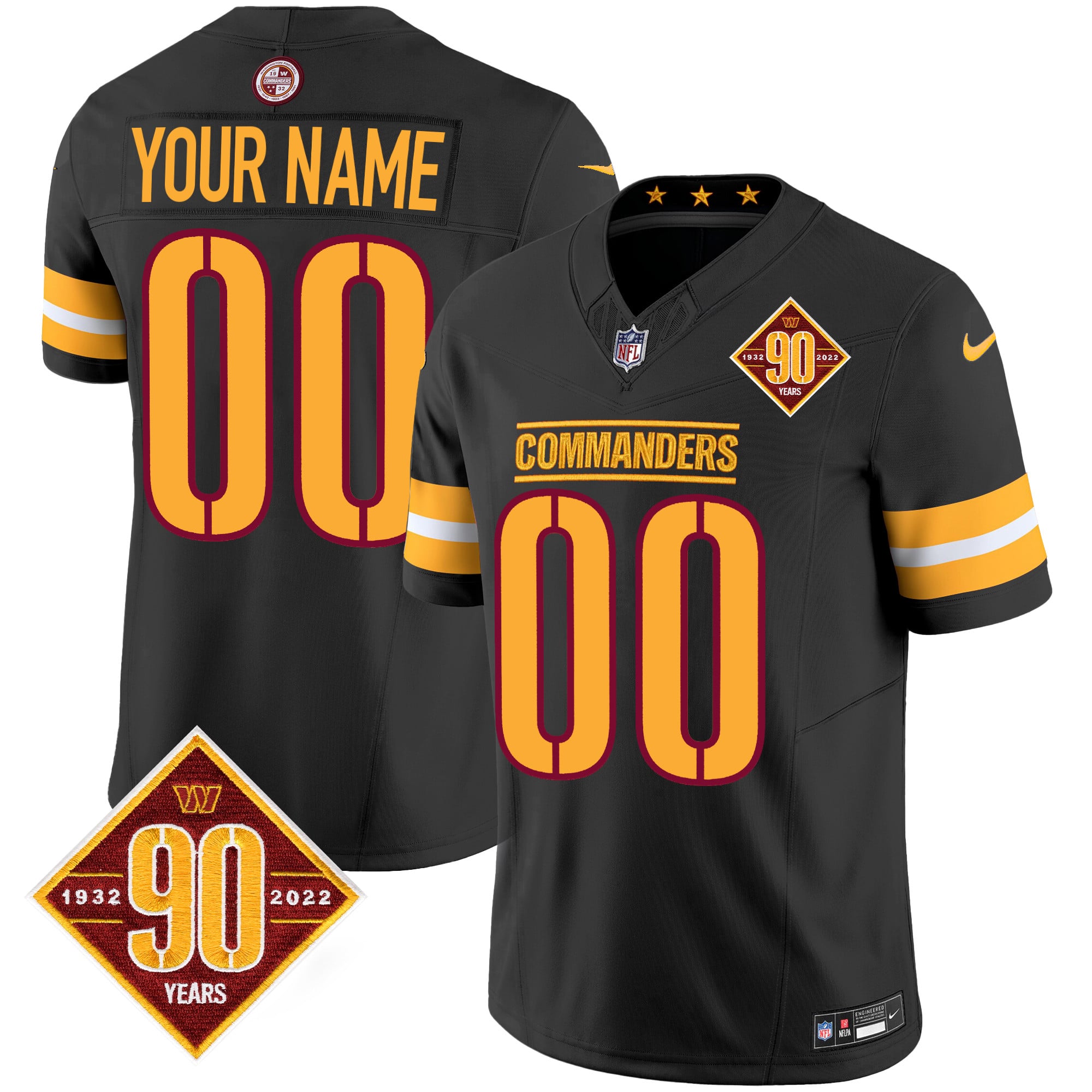 Washington Commanders 90th Anniversary Patch Gold Vapor Custom Jersey - All Stitched - Black