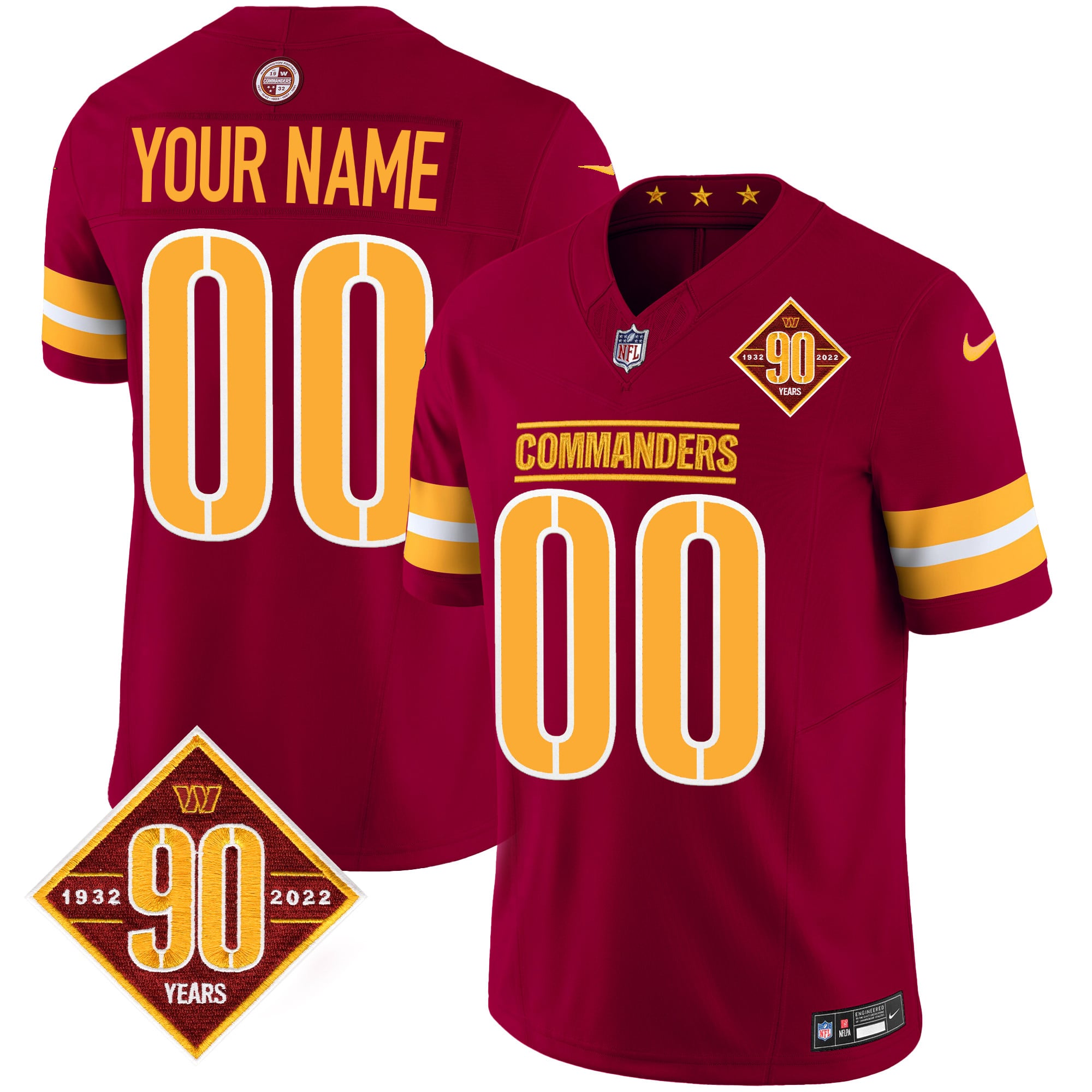 Washington Commanders 90th Anniversary Patch Gold Vapor Custom Jersey - All Stitched - Burgundy