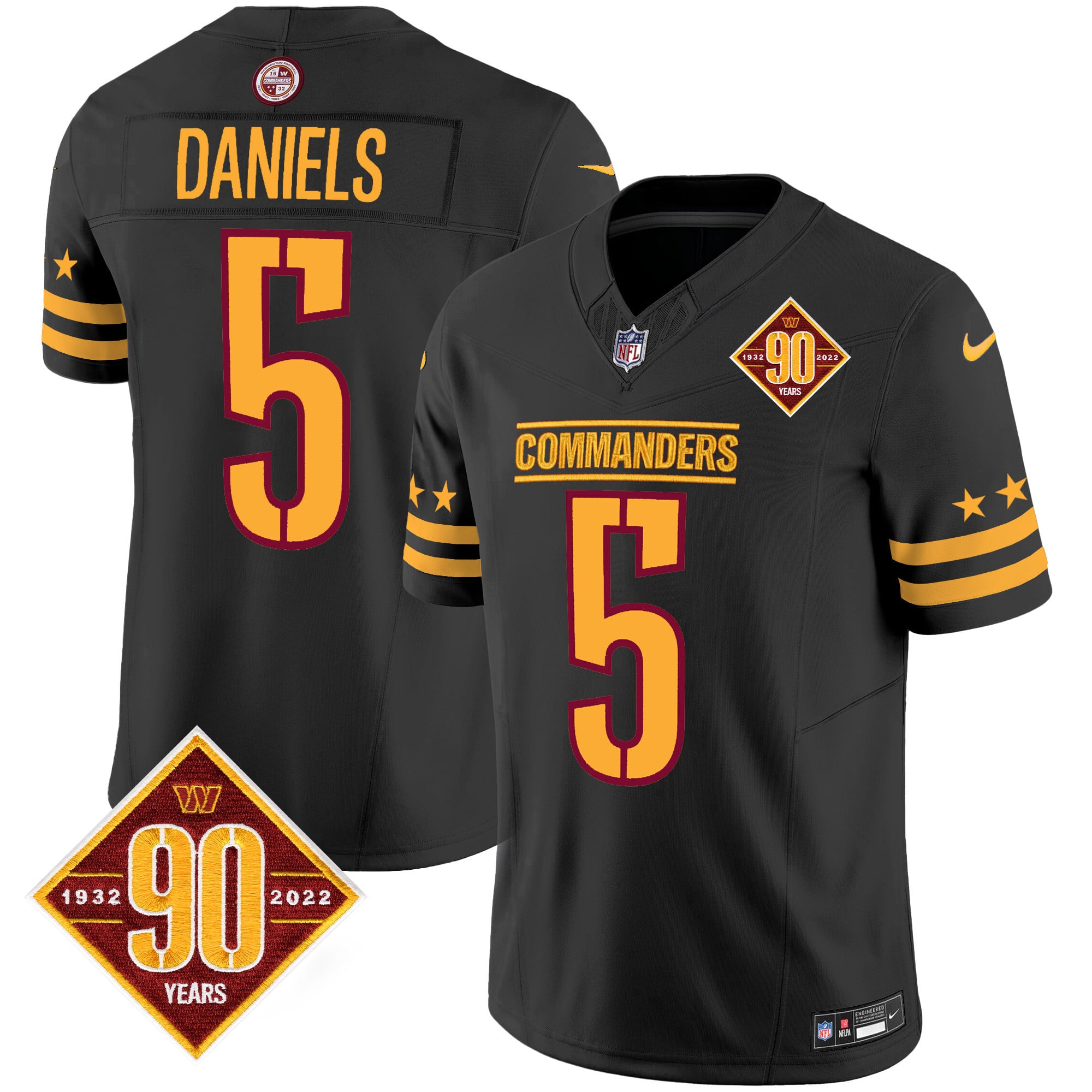 Washington Commanders Jayden Daniels 90th Anniversary Patch Gold Vapor Jersey - All Stitched - Black