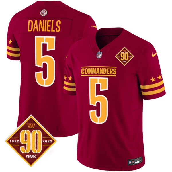 Washington Commanders Jayden Daniels 90th Anniversary Patch Gold Vapor Jersey - All Stitched - Burgundy