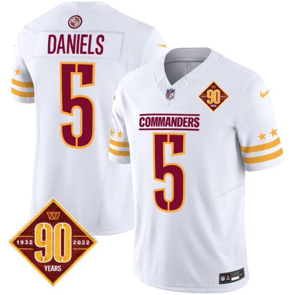 Washington Commanders Jayden Daniels 90th Anniversary Patch Gold Vapor Jersey - All Stitched - White