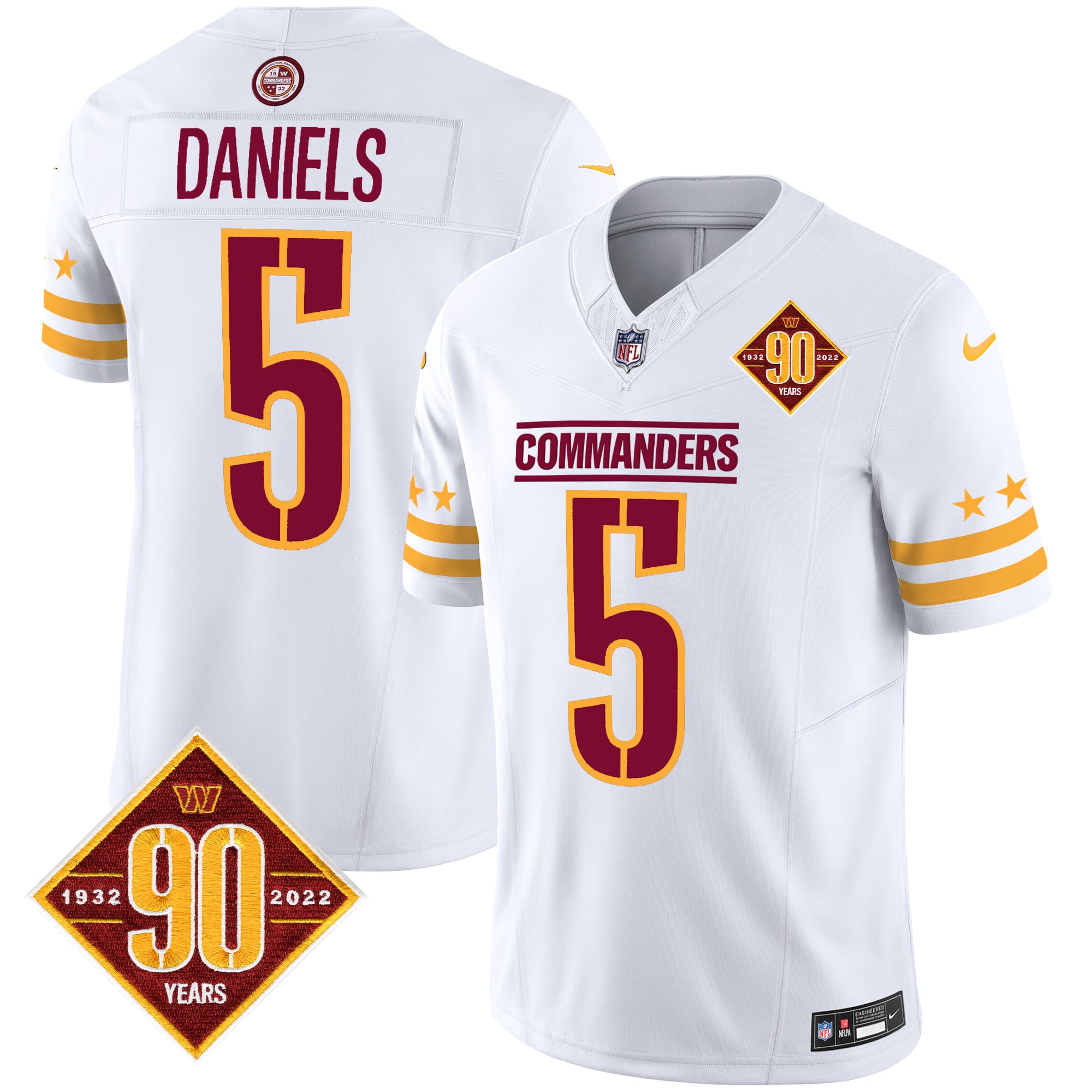 Washington Commanders Jayden Daniels 90th Anniversary Patch Gold Vapor Jersey - All Stitched - White