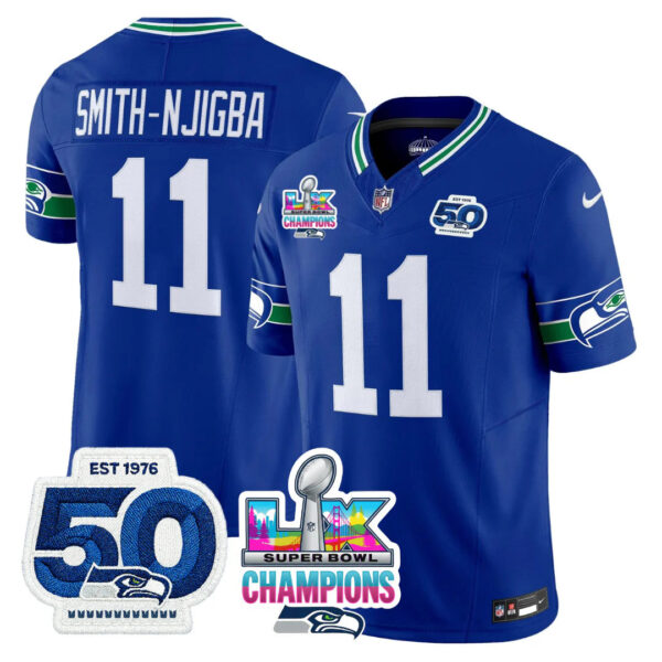 Seattle Seahawks Jaxon Smith-Njigba Super Bowl LX Champions Patch Jersey - All Stitched - Royal