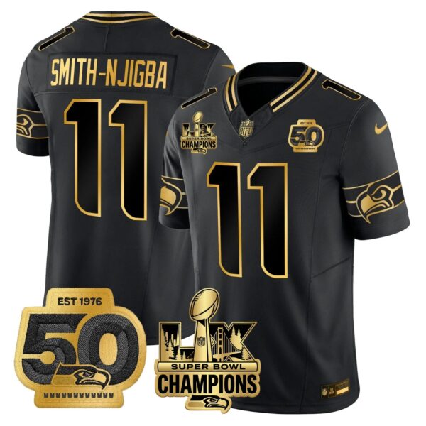 Seattle Seahawks Jaxon Smith-Njigba Super Bowl LX Champions Patch Jersey - All Stitched - Black Gold