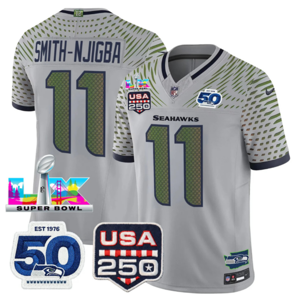 Seattle Seahawks Jaxon Smith-Njigba 250th Anniversary Super Bowl LX Patch Jersey - All Stitched - Gray