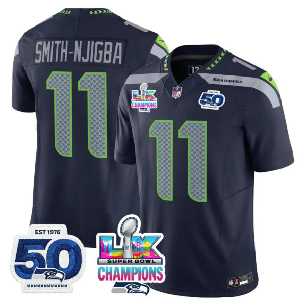 Seattle Seahawks Jaxon Smith-Njigba Super Bowl LX Champions Patch Jersey - All Stitched - Navy