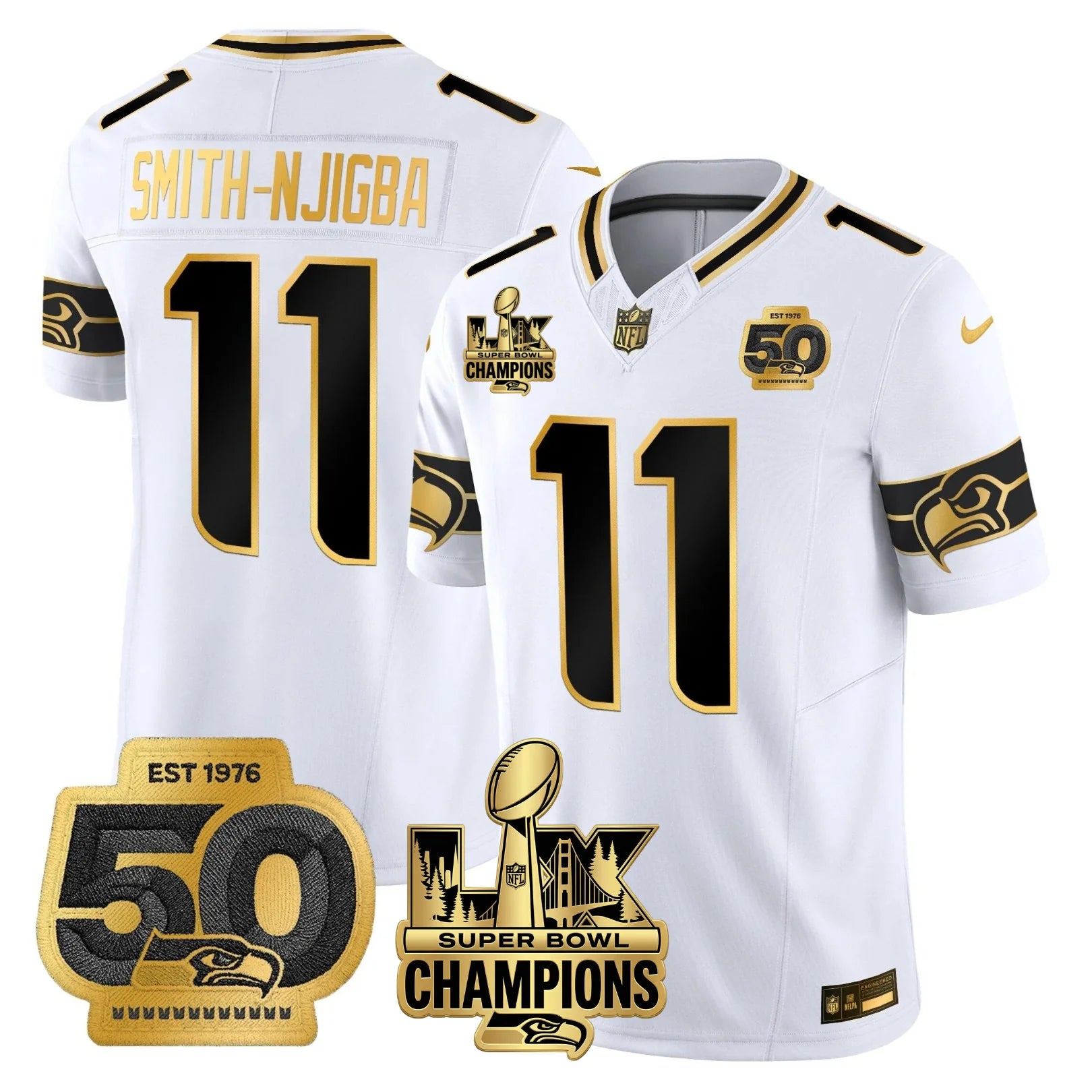 Seattle Seahawks Jaxon Smith-Njigba Super Bowl LX Champions Patch Jersey - All Stitched - White Gold