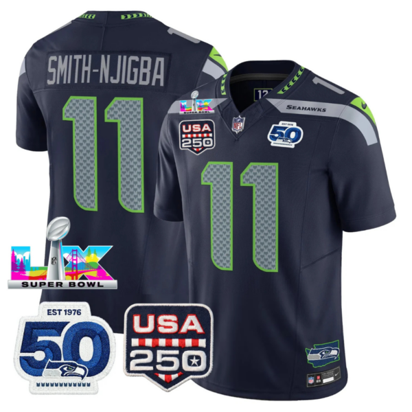 Seattle Seahawks Jaxon Smith-Njigba 250th Anniversary Super Bowl LX Patch Jersey - All Stitched - Navy
