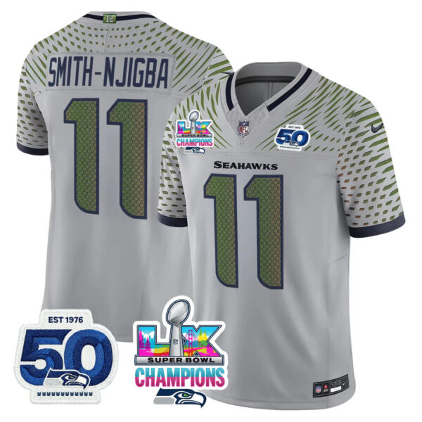 Seattle Seahawks Jaxon Smith-Njigba Super Bowl LX Champions Patch Jersey - All Stitched - Gray