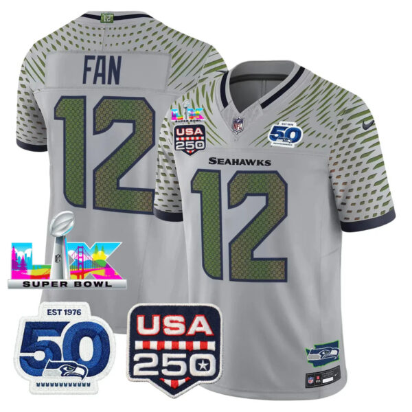 Seattle Seahawks 12th Fan 250th Anniversary Super Bowl LX Patch Jersey - All Stitched - Gray