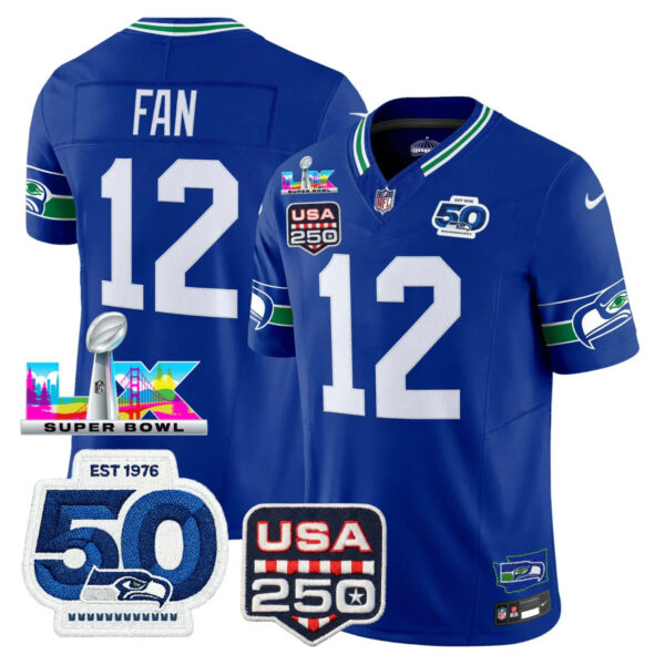 Seattle Seahawks 12th Fan 250th Anniversary Super Bowl LX Patch Jersey - All Stitched - Royal