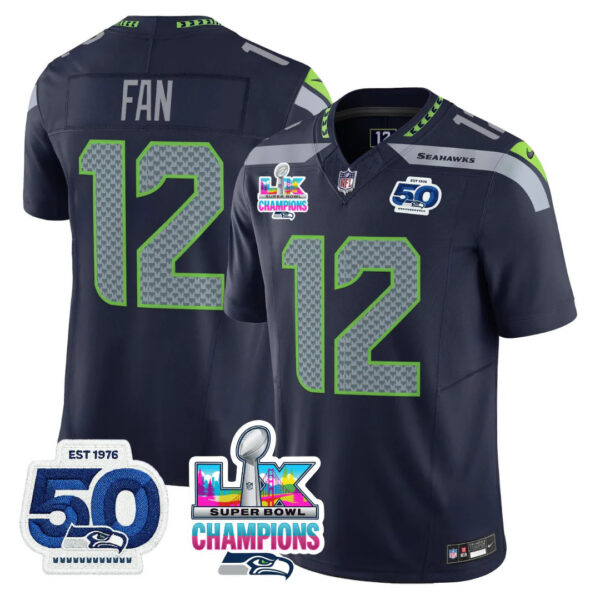Seattle Seahawks 12th Fan Super Bowl LX Champions Patch Jersey - All Stitched - Navy
