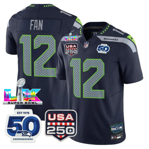 Seattle Seahawks 12th Fan 250th Anniversary Super Bowl LX Patch Jersey - All Stitched - Navy