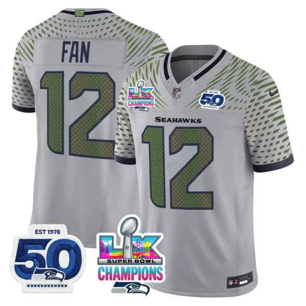 Seattle Seahawks 12th Fan Super Bowl LX Champions Patch Jersey - All Stitched - Gray