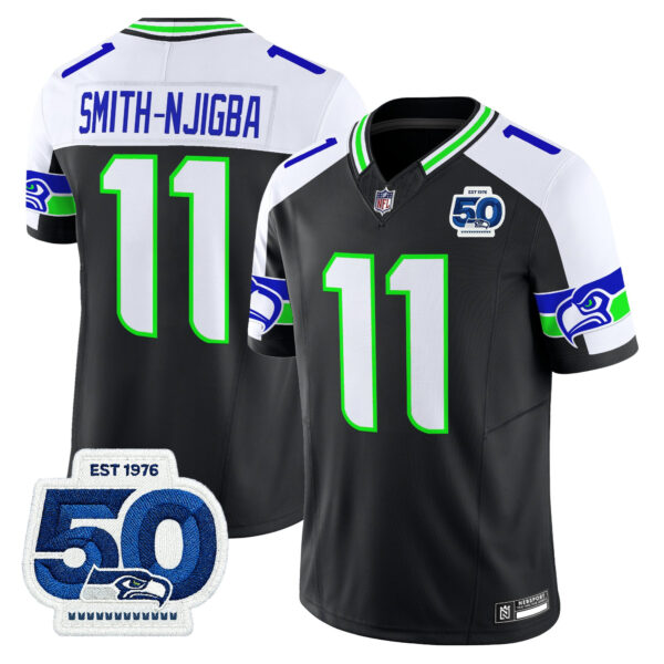 Seattle Seahawks Smith-Njigba 50th Anniversary Patch Vapor Limited Jersey - All Stitched - Black Alternate