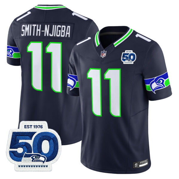 Seattle Seahawks Smith-Njigba 50th Anniversary Patch Vapor Limited Jersey - All Stitched - Navy