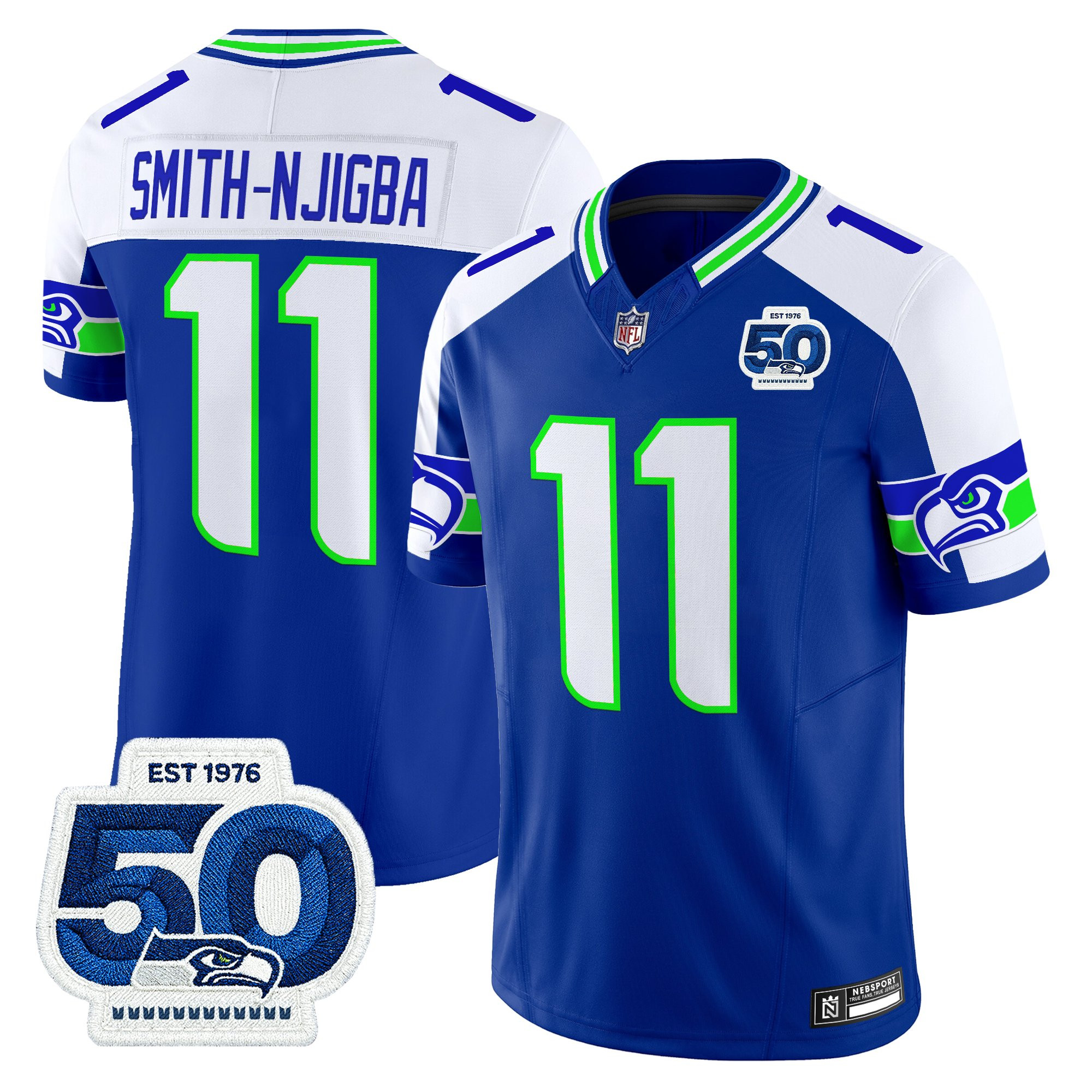 Seattle Seahawks Smith-Njigba 50th Anniversary Patch Vapor Limited Jersey - All Stitched - Royal Alternate