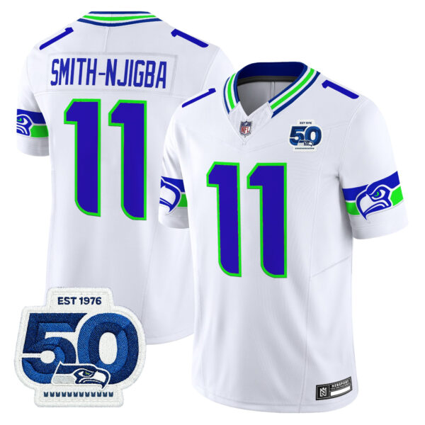 Seattle Seahawks Smith-Njigba 50th Anniversary Patch Vapor Limited Jersey - All Stitched - White