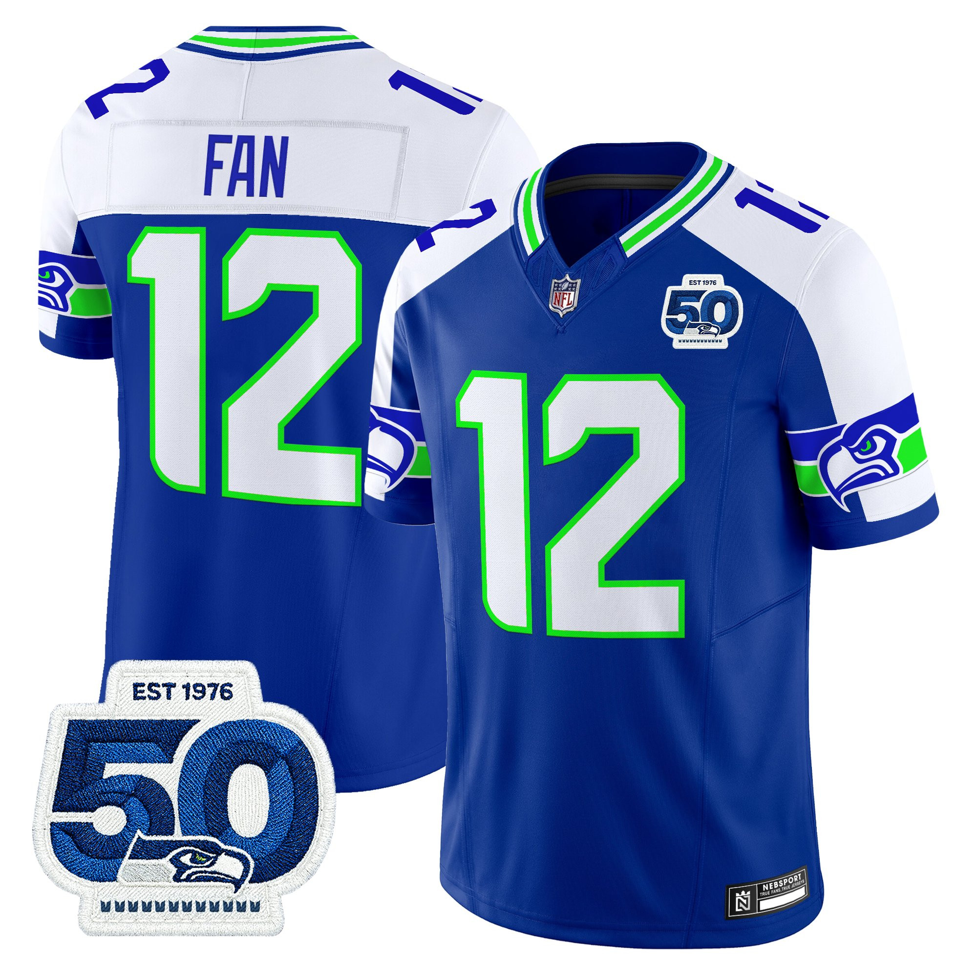 Seattle Seahawks 12th Fan 50th Anniversary Patch Vapor Limited Jersey - All Stitched - Royal Alternate