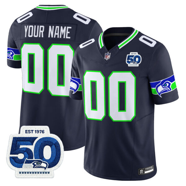 Seattle Seahawks 50th Anniversary Patch Vapor Limited Custom Jersey - All Stitched - Navy