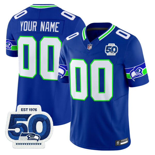 Seattle Seahawks 50th Anniversary Patch Vapor Limited Custom Jersey - All Stitched - Royal