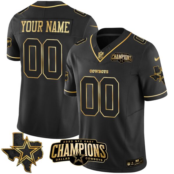 Dallas Cowboys 2023 NFC East Champions Patch Gold Vapor Custom Jersey - All Stitched - Black Gold