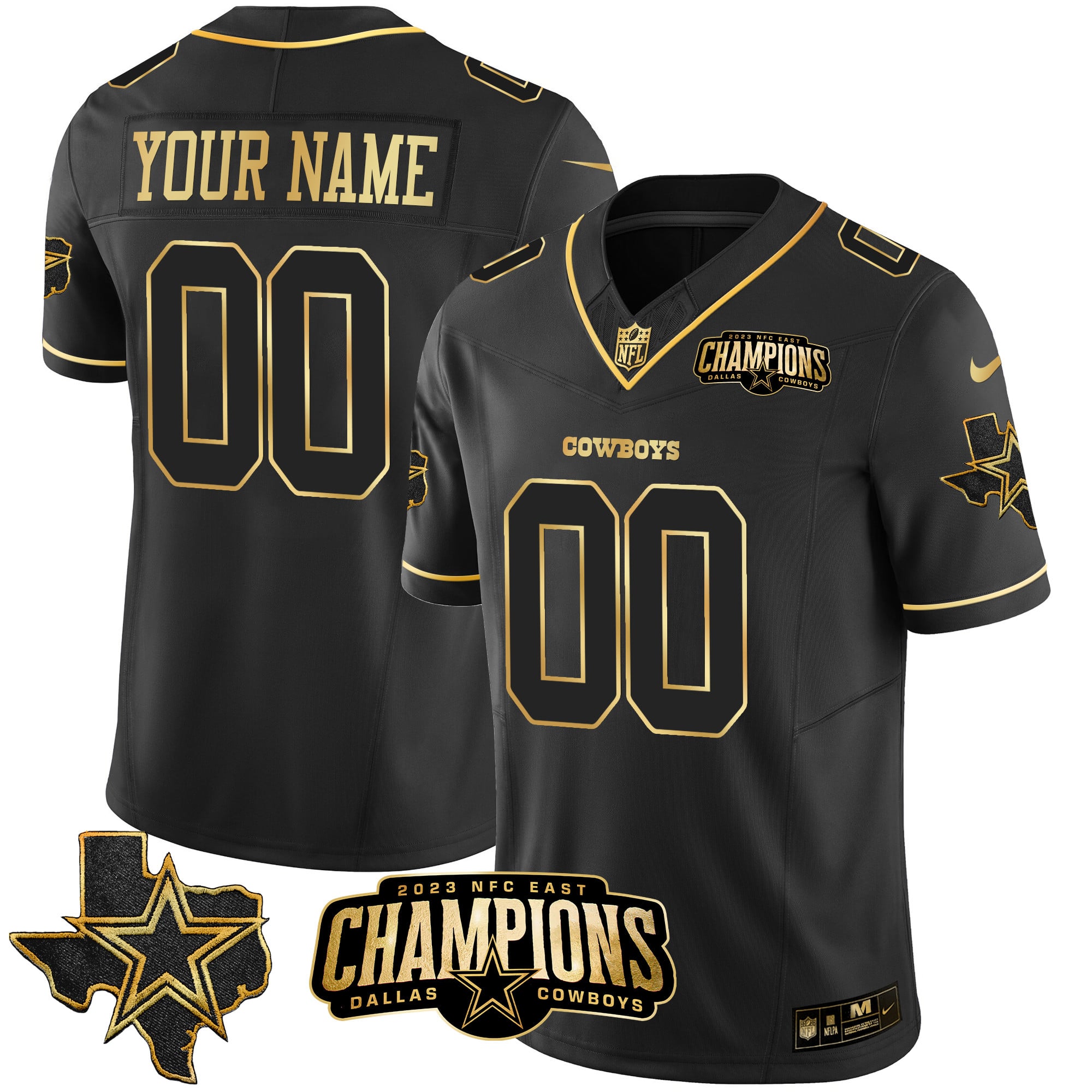 Dallas Cowboys 2023 NFC East Champions Patch Gold Vapor Custom Jersey - All Stitched - Black Gold