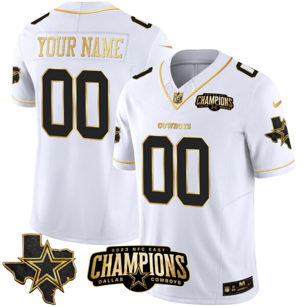 Dallas Cowboys 2023 NFC East Champions Patch Gold Vapor Custom Jersey - All Stitched - White Gold
