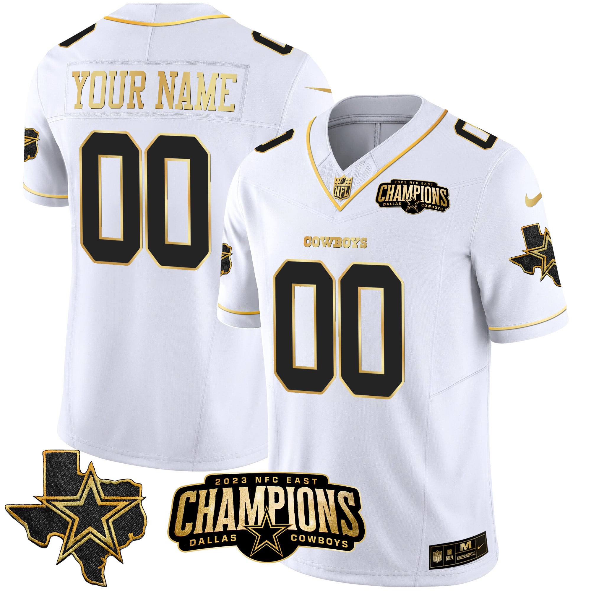 Dallas Cowboys 2023 NFC East Champions Patch Gold Vapor Custom Jersey - All Stitched - White Gold
