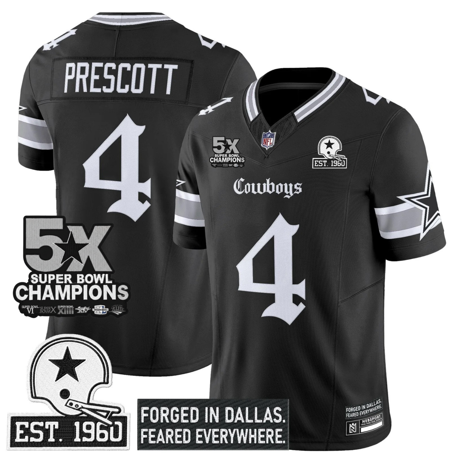 Dallas Cowboys Dak Prescott 'Gothic Lone Star Edition' 5x Champions Patch Vapor Limited Jersey - All Stitched - Black
