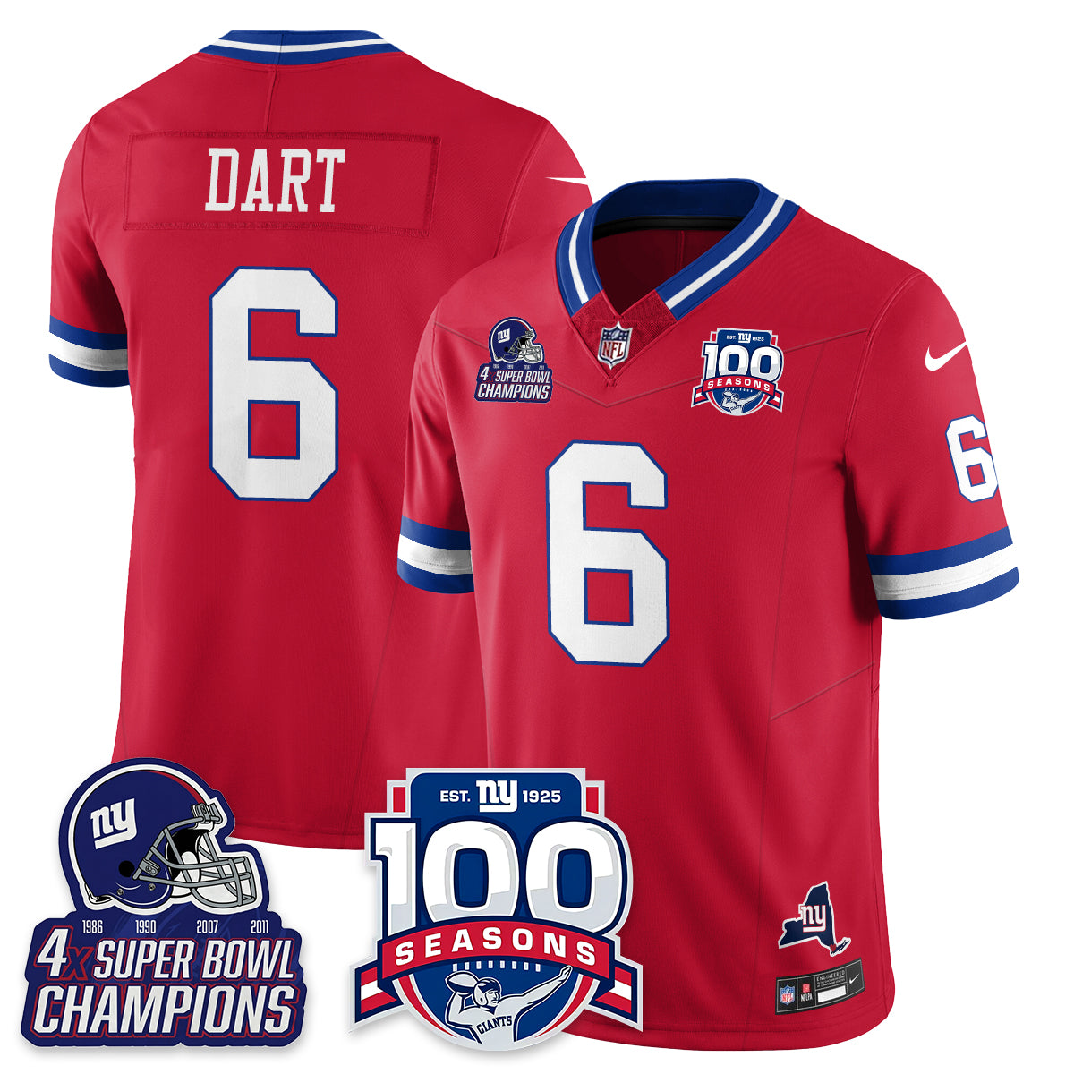 New York Giants Jaxson Dart 100th Season 4-Time Champions Vapor Limited Jersey - All Stitched - Red
