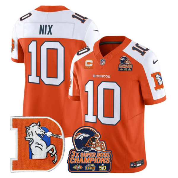 Denver Broncos Bo Nix Throwback 3-Times Champions Patch Vapor Limited Jersey - All Stitched - Orange Alternate