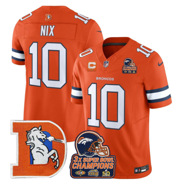 Denver Broncos Bo Nix Throwback 3-Times Champions Patch Vapor Limited Jersey - All Stitched - Orange
