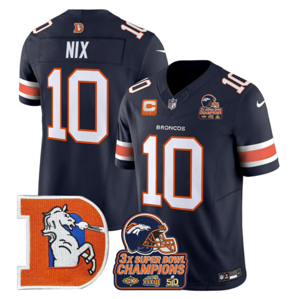 Denver Broncos Bo Nix Throwback 3-Times Champions Patch Vapor Limited Jersey - All Stitched - Navy
