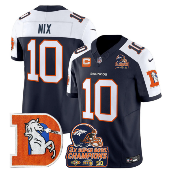 Denver Broncos Bo Nix Throwback 3-Times Champions Patch Vapor Limited Jersey - All Stitched - Navy Alternate