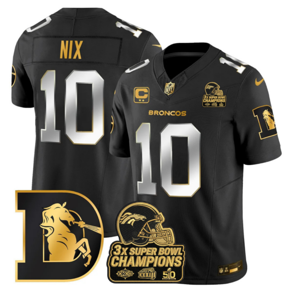 Denver Broncos Bo Nix Throwback 3-Times Champions Patch Vapor Limited Jersey - All Stitched - Black Limited