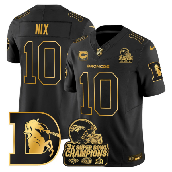 Denver Broncos Bo Nix Throwback 3-Times Champions Patch Vapor Limited Jersey - All Stitched - Black Gold