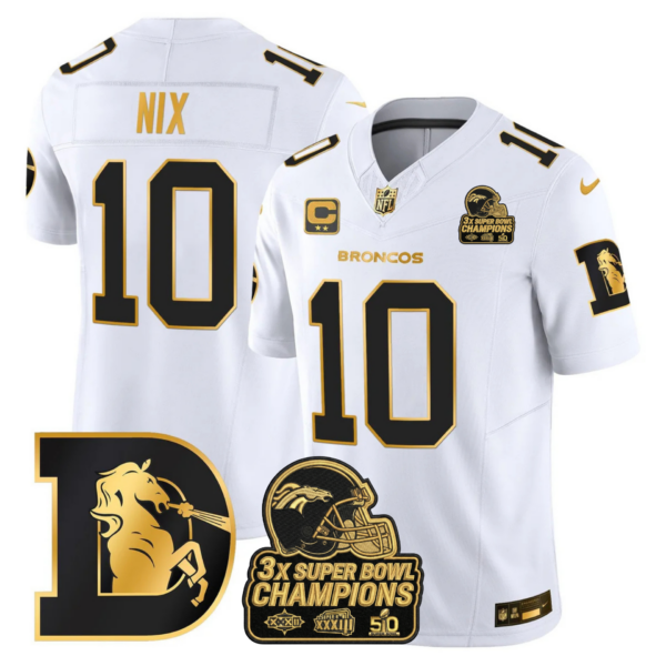 Denver Broncos Bo Nix Throwback 3-Times Champions Patch Vapor Limited Jersey - All Stitched - White Gold