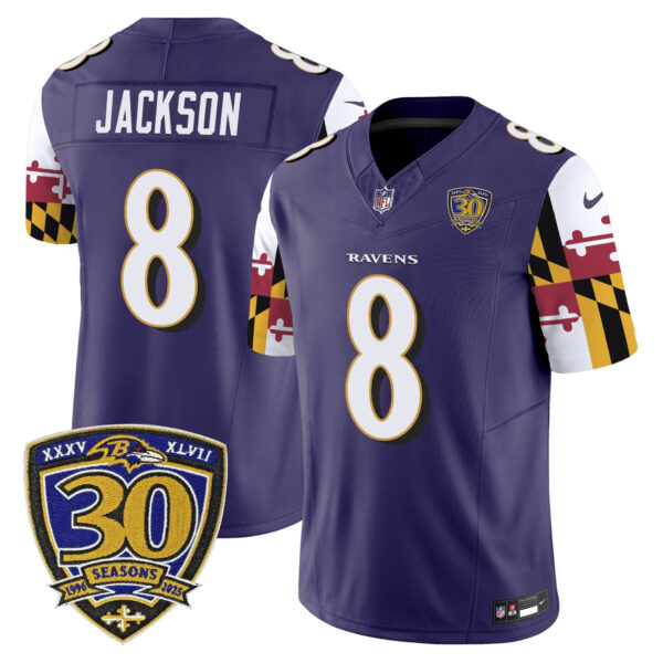 Baltimore Ravens Lamar Jackson 'Maryland Flag Edition' 30th Anniversary Patch Vapor Limited Jersey - All Stitched - Purple