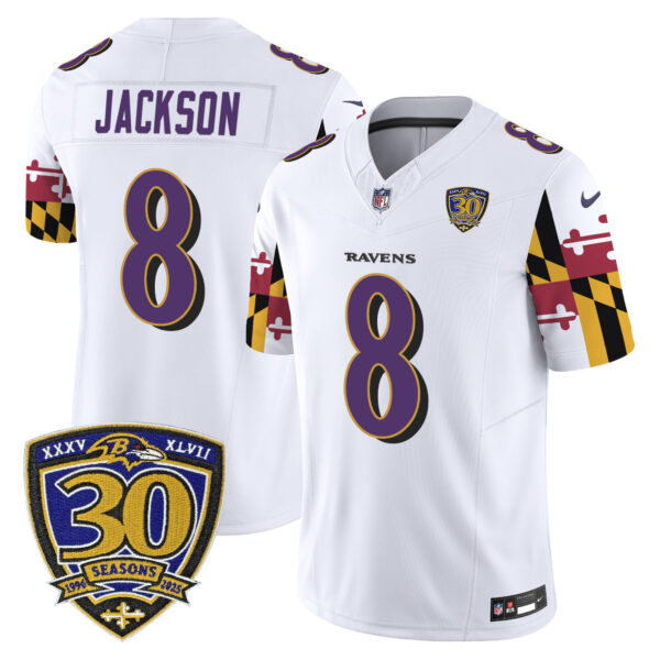 Baltimore Ravens Lamar Jackson 'Maryland Flag Edition' 30th Anniversary Patch Vapor Limited Jersey - All Stitched - White