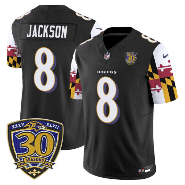 Baltimore Ravens Lamar Jackson 'Maryland Flag Edition' 30th Anniversary Patch Vapor Limited Jersey - All Stitched - Black